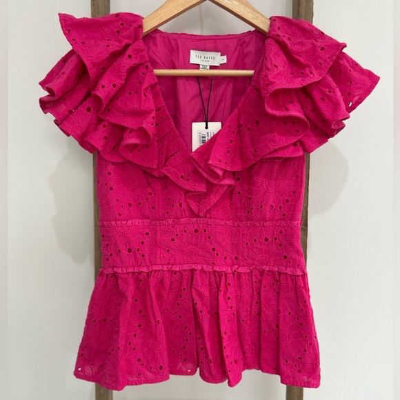 Ted Baker Tops - NWT Ted Baker Mazieh Broderie Eyelet Peplum Top Size 1 US 4 Ruffle Sleeve Pink